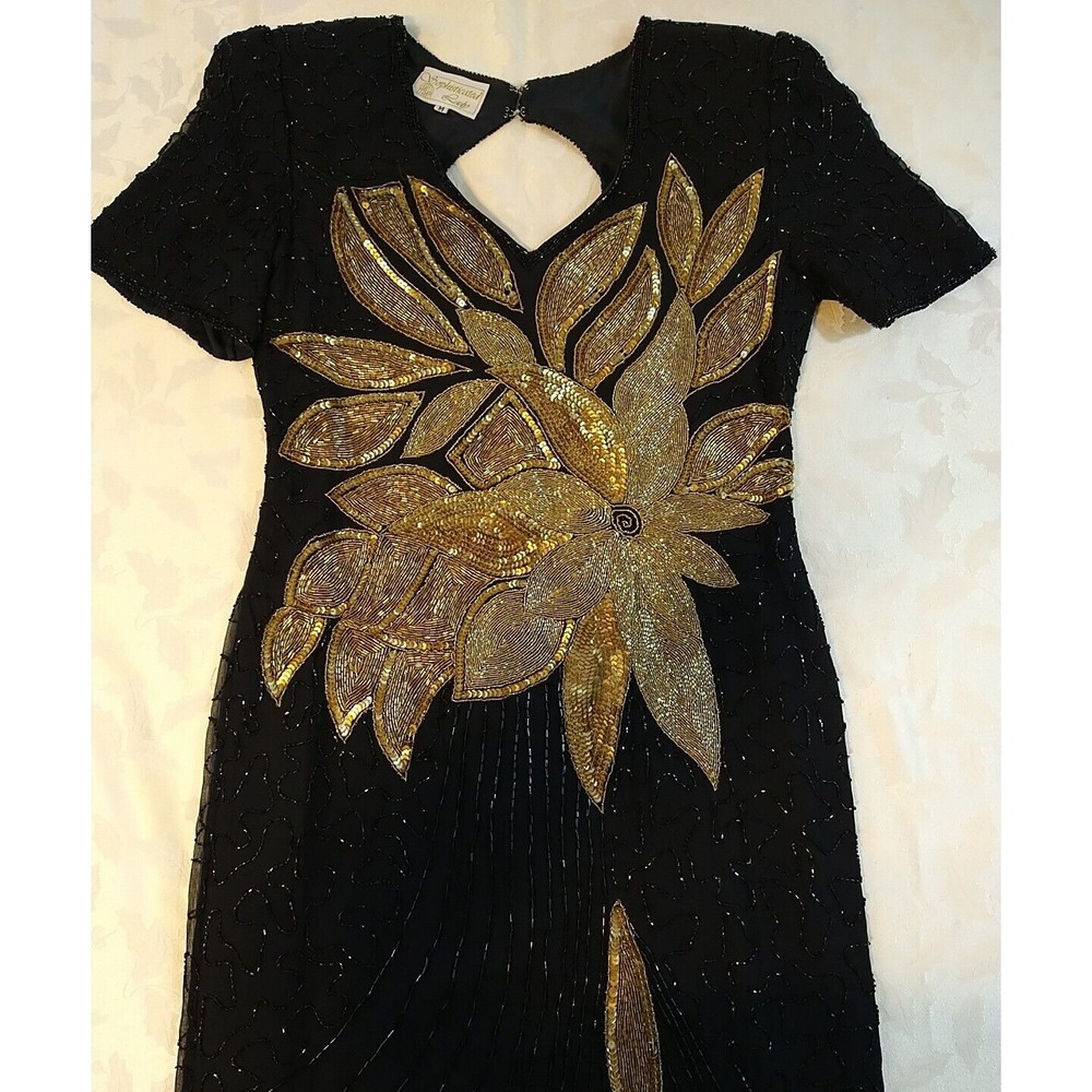 Sophisticated Lady Formal Dress M Black With Gold Embellishments Elegant (478)